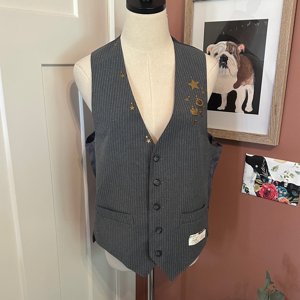 Vtg The Classic Collection Gray 42R pinstripes button gold charms accents vest